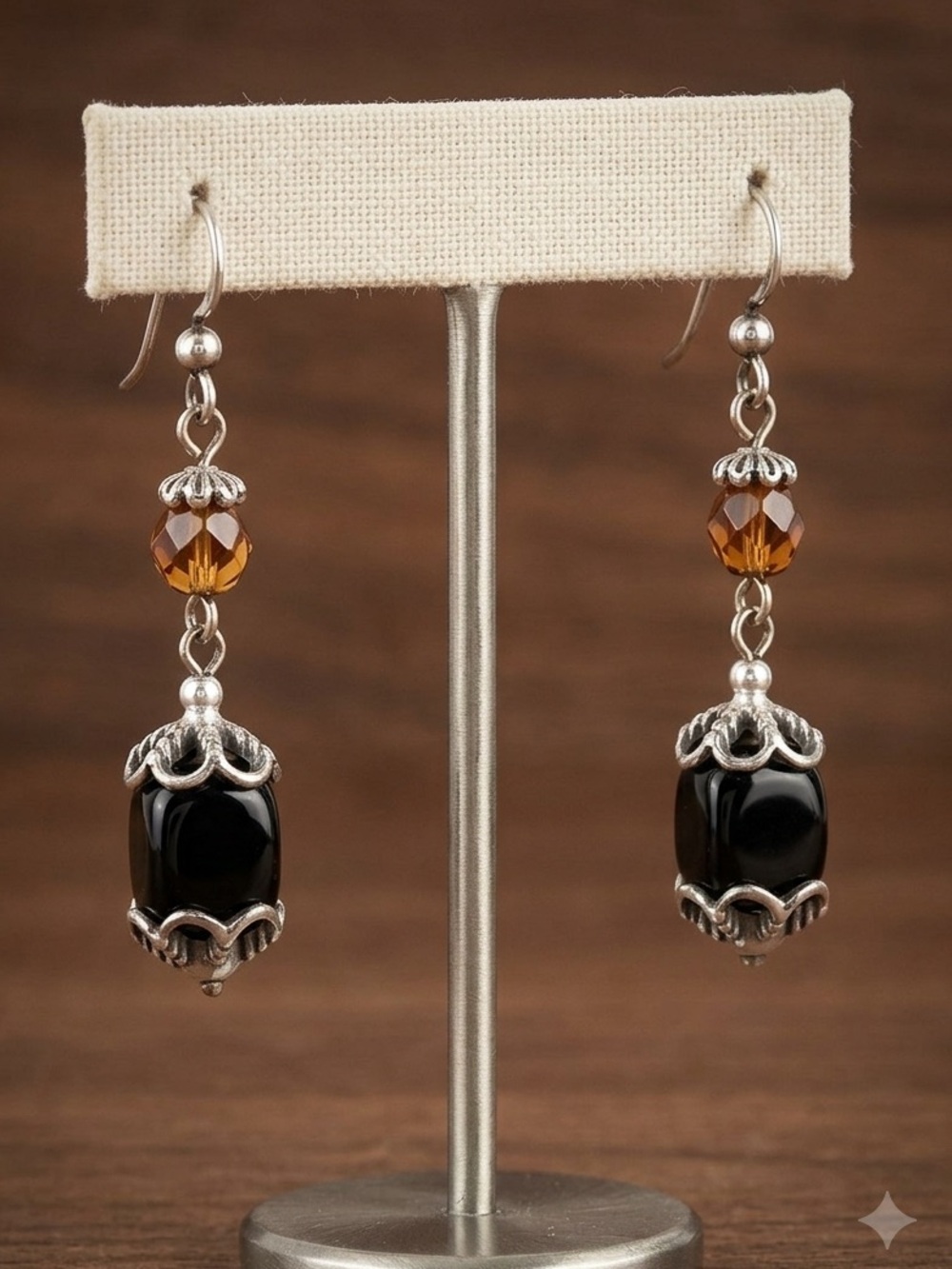 Brighton tuscan Earrings black Onyx nuggets jet & dark Topaz faceted beads, 2635